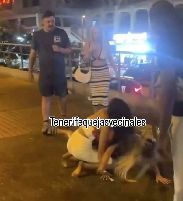 Shocking footage shows the pair violently tussling on the ground in Playa de Las Américas while leering yobs cheer them on