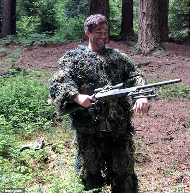 Yeates is pictured wearing a ghillie suit as he posed as a sniper in a woodland
