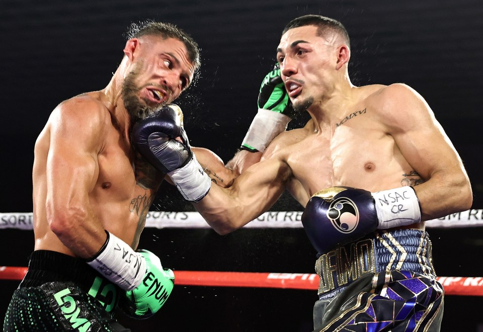 Handout image of Vasiliy Lomachenko and Teofimo Lopez Jr. boxing.