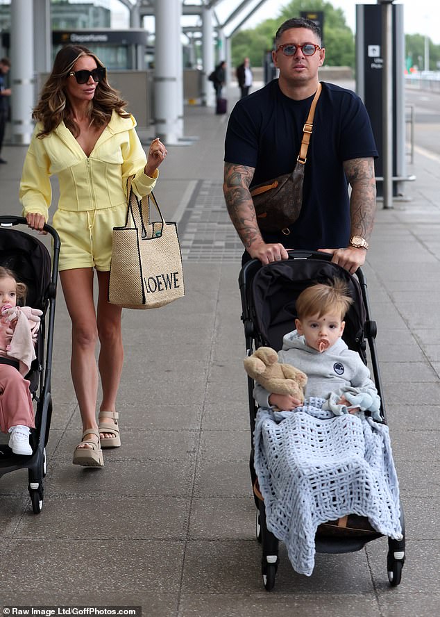 The TOWIE star, 34, who was joined by her fiancé Billy Delbosq and their twins, wore a yellow tracksuit co-ord for the flight to Portugal