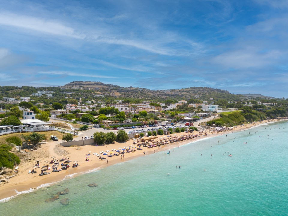 Aerial view of Pefkos or Pefki beach in Rhodes, Greece.
