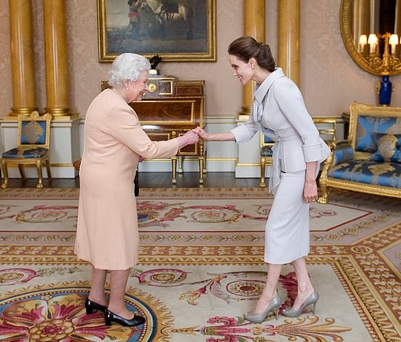 Jolie has met Queen Elizabeth II. In 2014, Jolie received an honorary damehood from the Queen at Buckingham Palace for her work in U.K. foreign policy and her campaign to end sexual violence in war zones