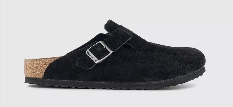 Black suede Birkenstock clog.