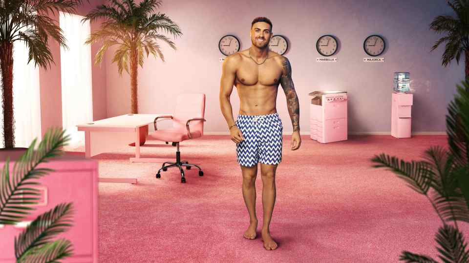 A shirtless man in swim trunks stands in a pink office with palm trees.