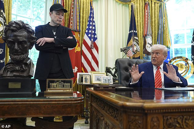Less than a week ago, Elon Musk (left) was standing alongside President Donald Trump (right) in the Oval Office to mark his DOGE service ending. Trump noted that he had given Musk a 'wonderful send-off.'