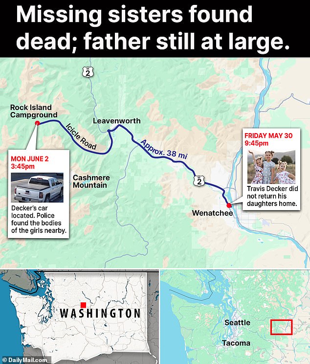 The girls' bodies were found approximately 38 miles from their mother's home. Decker is still on the run, as authorities warn locals that he could be dangerous due to his military training