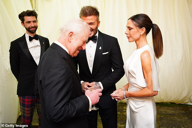 Charles speaks to the Beckhams during a dinner in celebration of Slow Food at his Gloucestershire estate, Highgrove Gardens -- February, 2025