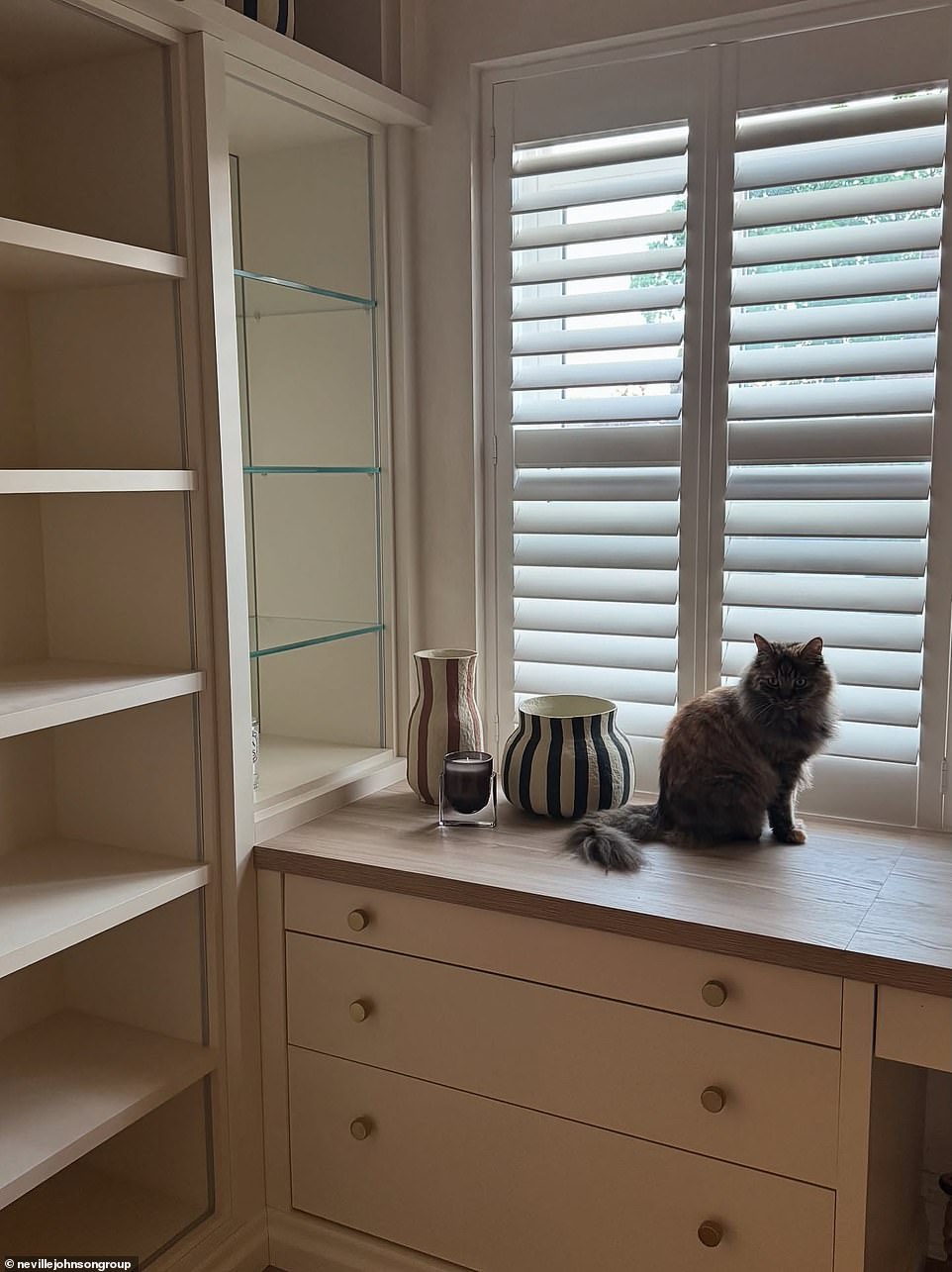 To the right of the room, Rachel added a chic dressing table complete with ample storage drawers