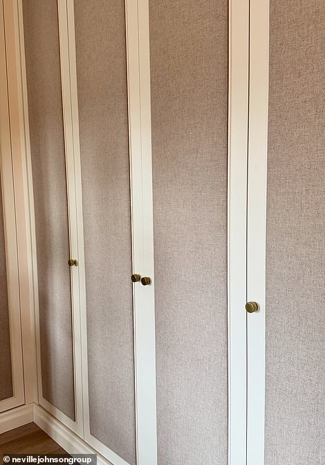 A series of aesthetic snaps revealed a sleek room lined with custom-fitted wardrobes