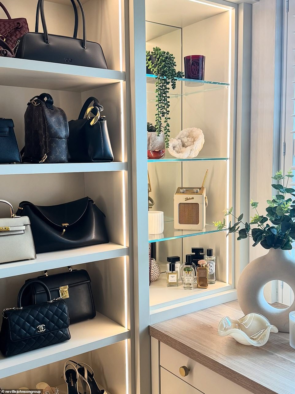 Her bespoke wardrobes offered plenty of closet space, and viewers were given a glimpse of her enviable Hermès and Chanel handbag collection, worth an estimated £67,540 in total