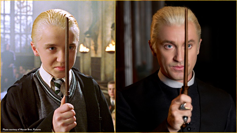 Tom Felton as Draco Malfoy in Harry Potter, then and now.
