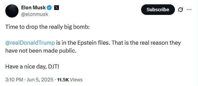 Elon Musk dramatically charged that President Donald Trump's name appears in the files of known pedophile Jeffrey Epstein