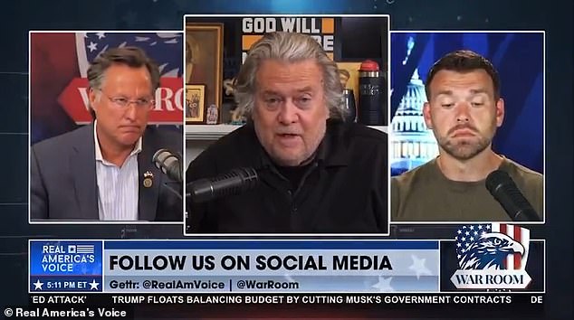Steve Bannon, center, a former senior adviser to Trump during his first administration and a fierce critic of Elon Musk, has called for the president to seize SpaceX from the billionaire