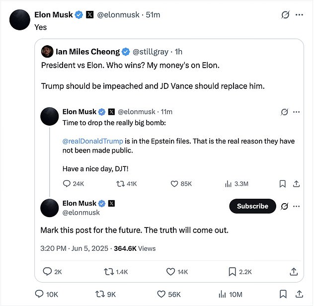 Elon Musk answered 'yes' when one X user floated impeaching President Donald Trump and replacing him with 40-year-old Vice President J.D. Vance