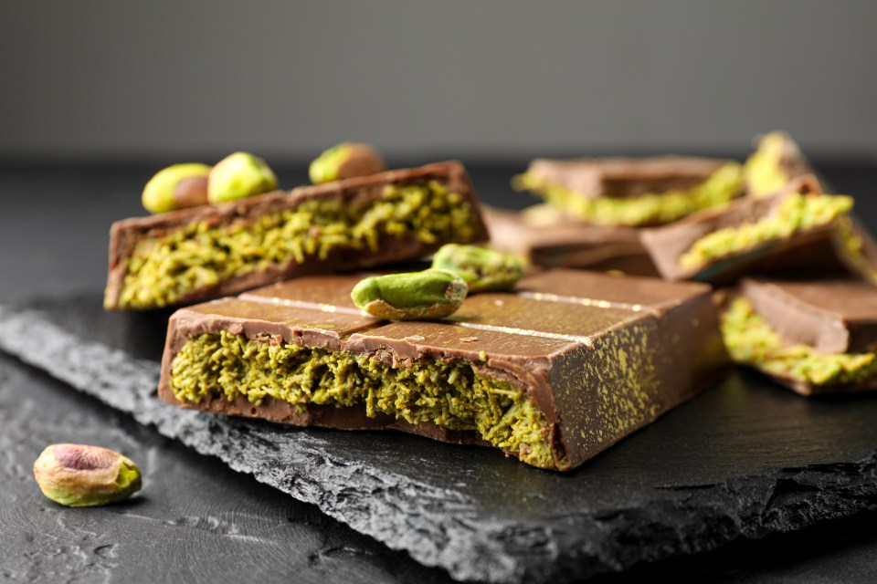 Chocolate bar with pistachio filling.