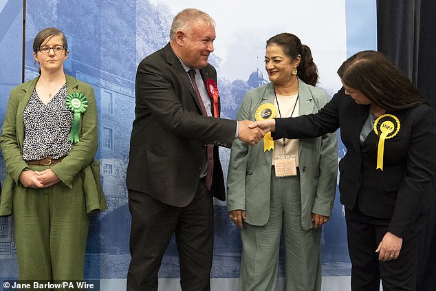 Russell shakes hands with SNP candidate Katy Loudon (right) after hearing the vote count