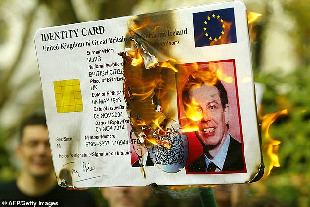 Britain remains the only European nation without an ID card system, with Tony Blair's famous attempt to introduce one collapsing in 2011 (pictured: protests against the scheme in 2004)