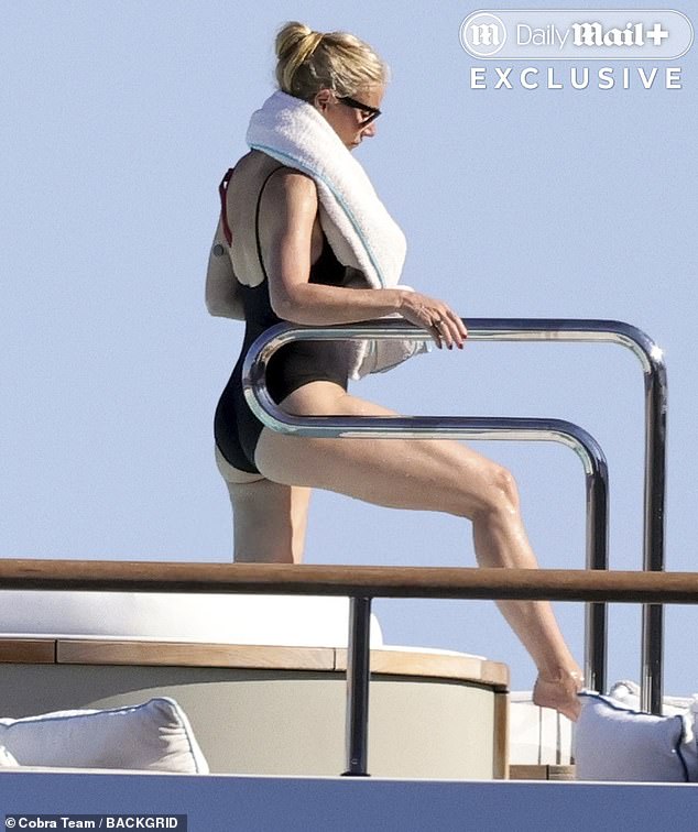 In exclusively photos obtained by the Daily Mail, Paltrow was seen showcasing her stunning curves in a black one-piece while spending time on a luxury yacht off the shore in Capri