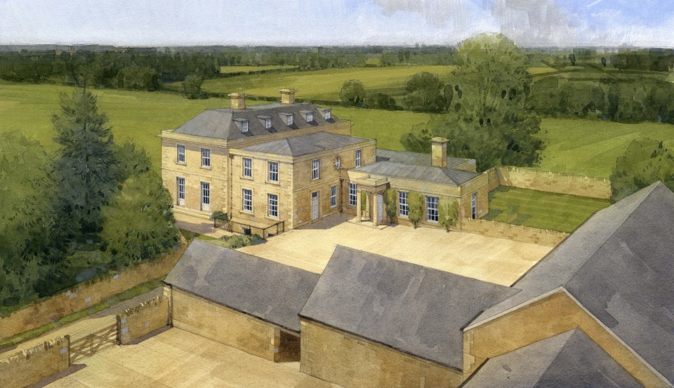 Illustration of a large new house and outbuildings in a rural setting.