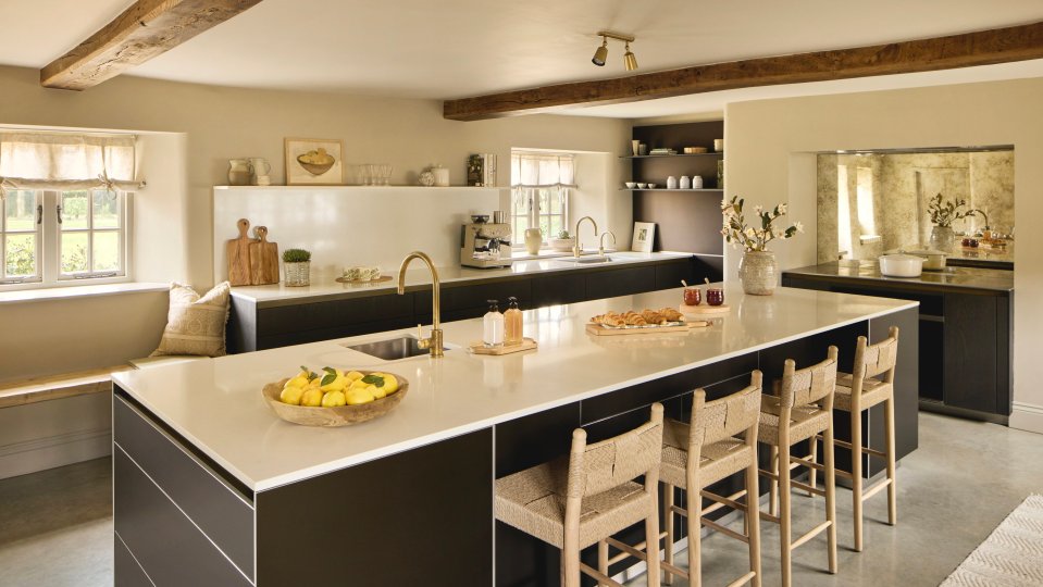 Interior of a Cotswolds kitchen with a large island.