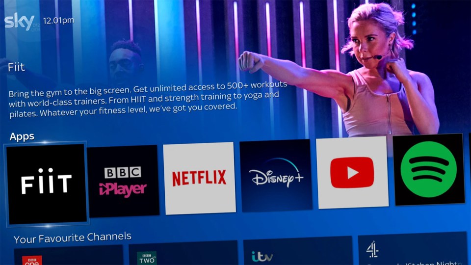 Sky TV interface showing fitness app, available apps, and favorite channels.