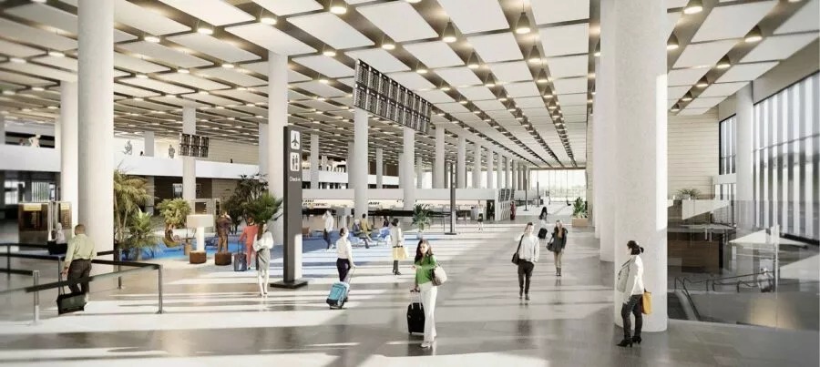 Illustration of the interior of Heraklion International Airport's new terminal.