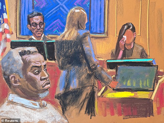 Sean "Diddy" Combs watches as Maurene Comey questions "Jane" during Combs' sex trafficking trial in New York City, New York, U.S., June 5, 2025 in this courtroom sketch. REUTERS/Jane Rosenberg