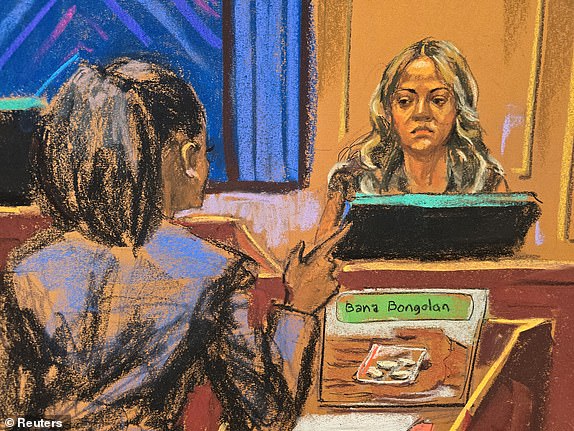 Nicole Westmoreland cross examines Bryana Bongolan during Sean "Diddy" Combs' sex trafficking trial in New York City, New York, U.S., June 5, 2025 in this courtroom sketch. REUTERS/Jane Rosenberg