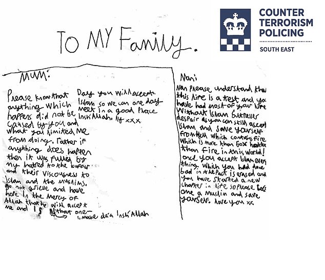 A number of handwritten notes by Ruth were found. One was titled 'To My Family' and stated that if anything 'happened' it was 'fuelled by my hatred to the kuffar [non-believers]'