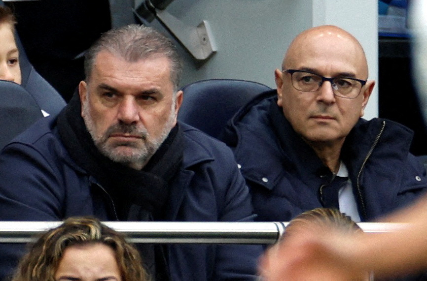 Ange Postecoglou and Daniel Levy watching a Tottenham Hotspur women's soccer match.