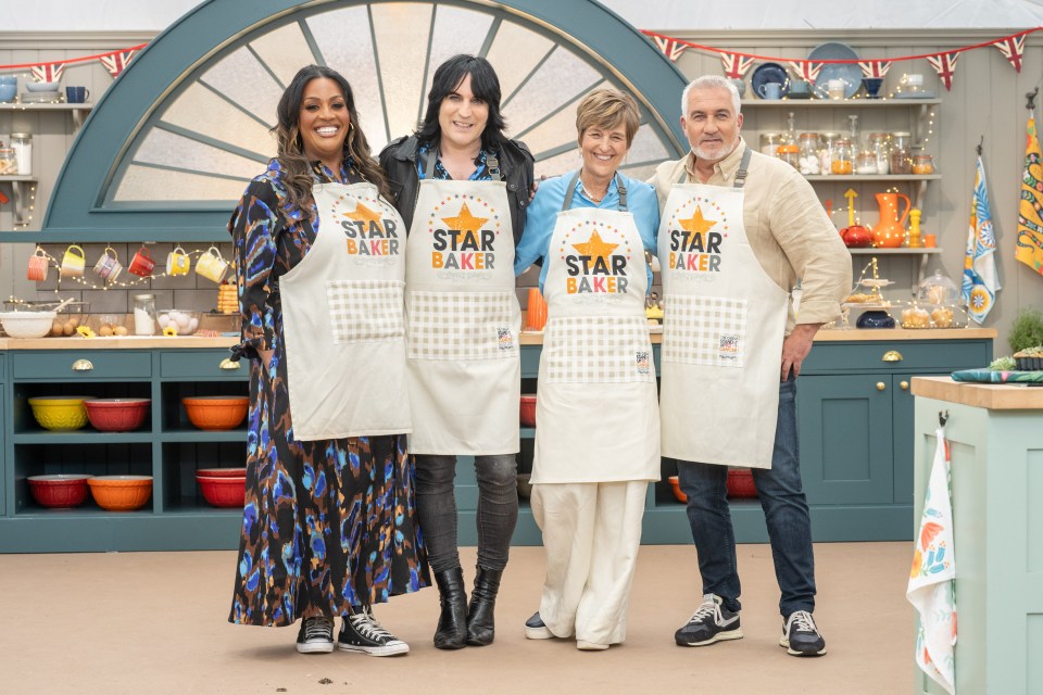 Four judges on The Great Stand Up To Cancer Star Baker wearing aprons.