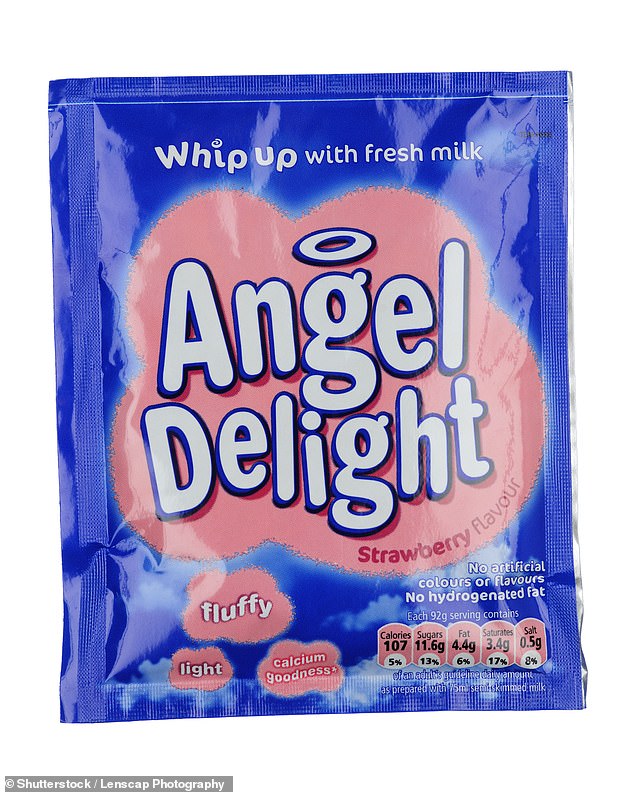 The narcotics were alleged discovered inside sealed blue plastic 'Angel Delight' sachets in Jon Collyer and Lisa Stocker's luggage. Pictured: a stock photo of a packet of Angel Delight