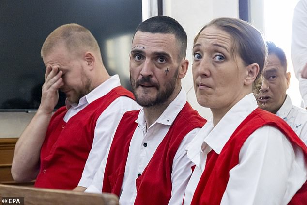 Brits Jon Collyer (centre), Lisa Stocker (right) and fellow defendant Phineas Float, 31, (left) who was allegedly due to receive the packages, sit inside a court room in Denpasar, Bali, Indonesia on 03 June 2025