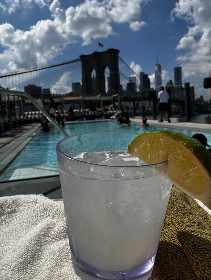 Cocktail by a rooftop pool with the Brooklyn Bridge in the background.