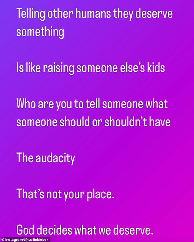 The pop star took to Instagram in a bizarre post to share his thoughts about telling other people what they do or do not 'deserve'