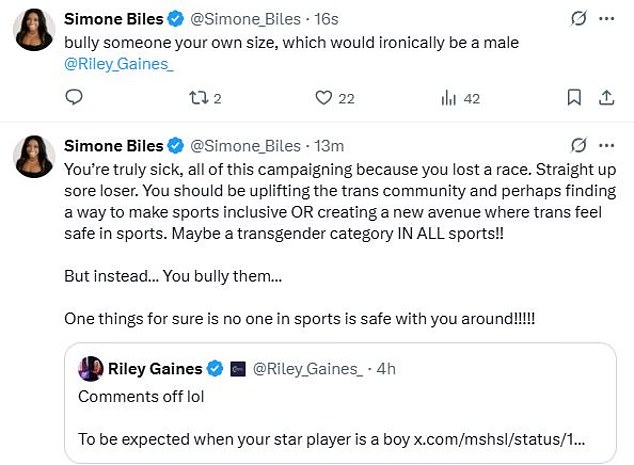 Biles attacked Gaines on X on Friday night after her latest remarks on trans athletes
