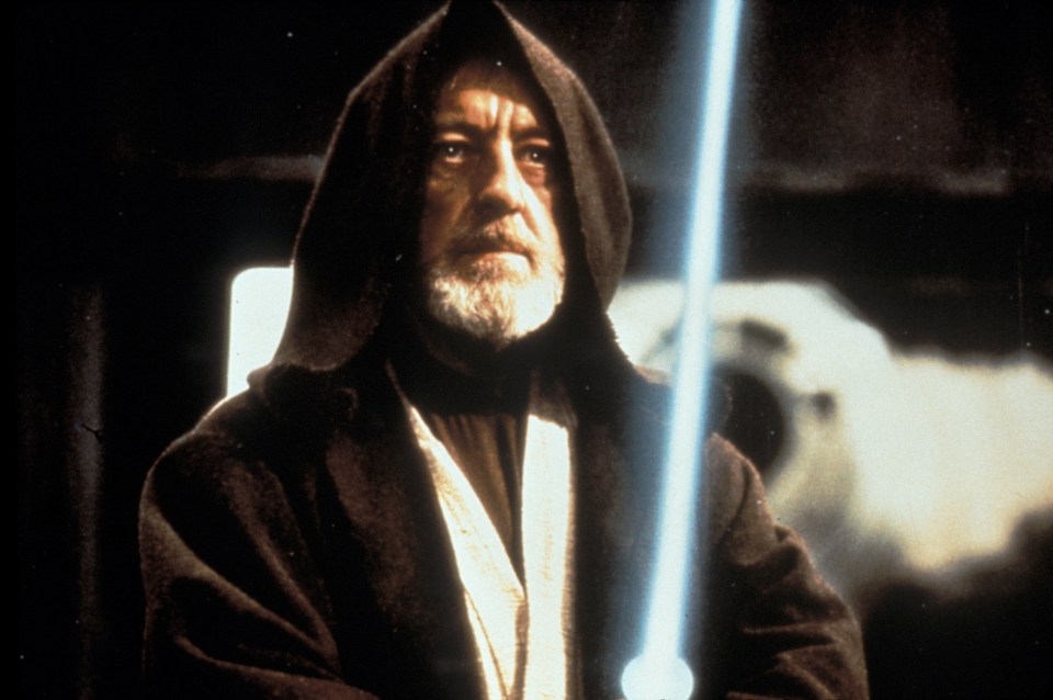 Obi-Wan Kenobi with a lightsaber in Star Wars: A New Hope.