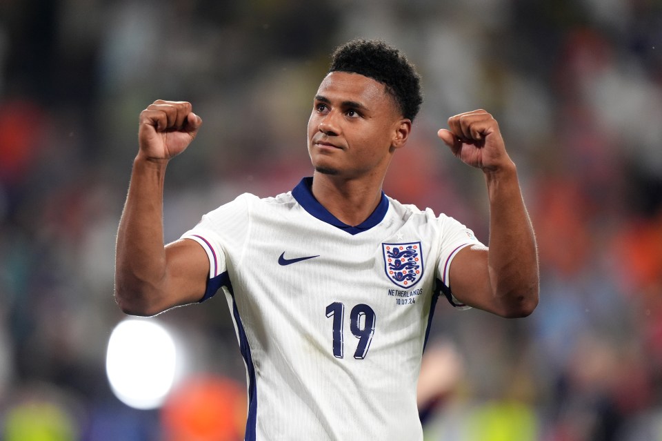 Ollie Watkins, Aston Villa striker, celebrating in an England jersey.