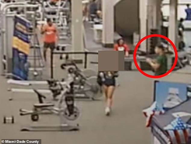 Richard Bosch is pictured on the gym floor looking at the young victim rushes past him after the brazen attack at the LA Fitness gym in Miami in May 2023