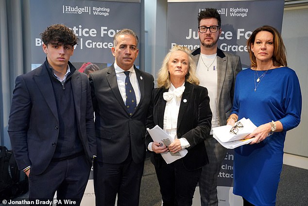 (left to right) Grace O'Malley-Kumar's brother James, with their parents Dr Sanjoy Kumar and Dr Sinead O'Malley, James Coates, the son of Ian Coates, and Emma Webber, the mother of Barnaby Webber at a press conference responding to a new report into Valdo Calocane today