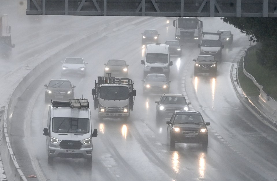 Cars driving on a rain-slicked highway.