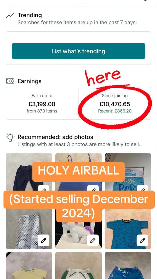 Screenshot of Vinted app showing £10,470.65 earned since joining, and examples of items sold.