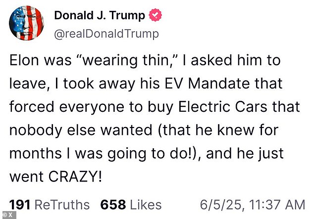 After President Donald Trump concluded his meeting with the German chancellor he took to Truth Social and called Elon Musk 'CRAZY!' and threatened to cancel Musk's government contracts