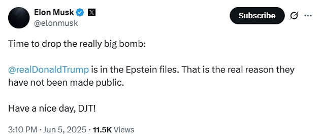 Elon Musk dramatically charged that President Donald Trump's name appears in the files of known pedophile Jeffrey Epstein