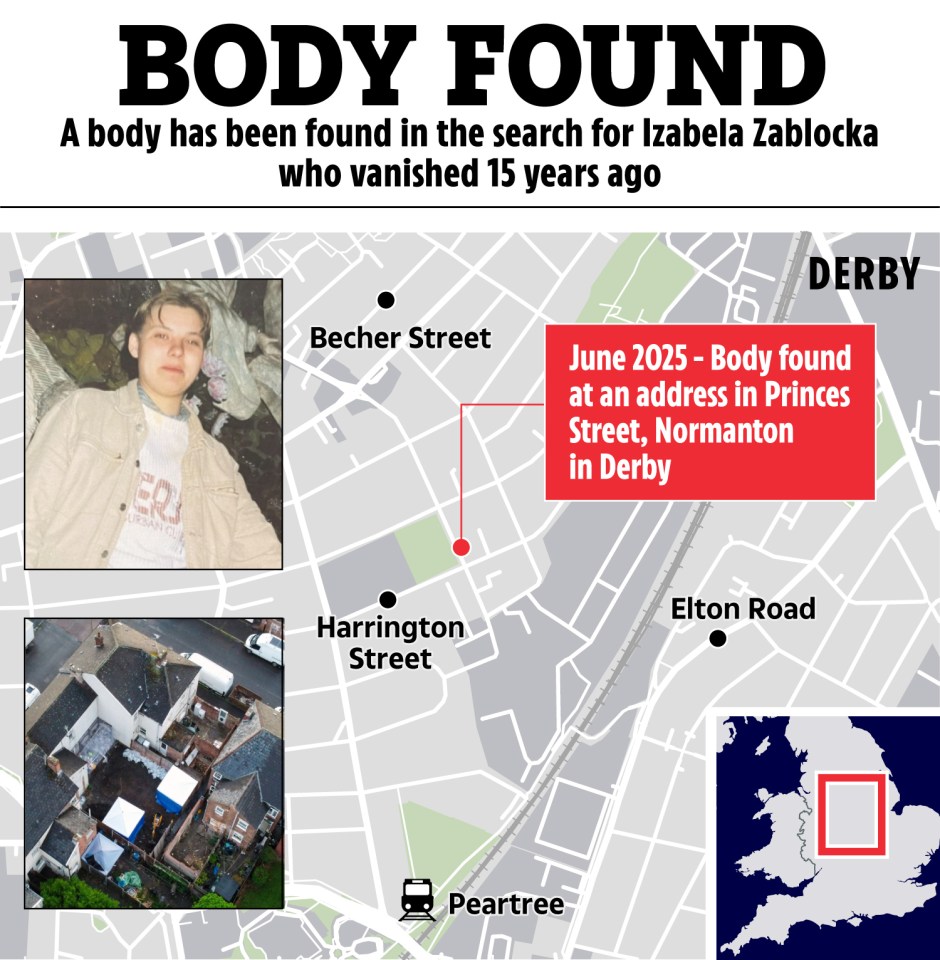 Illustration of a map showing the location where a body was found in Derby, along with a photo of Izabela Zablocka and an aerial view of the location.