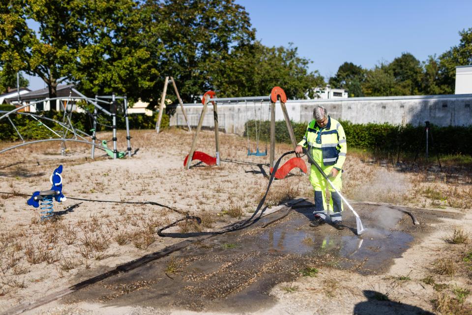 A city worker sprays hot water on an anthill under a playground to eliminate invasive ants.