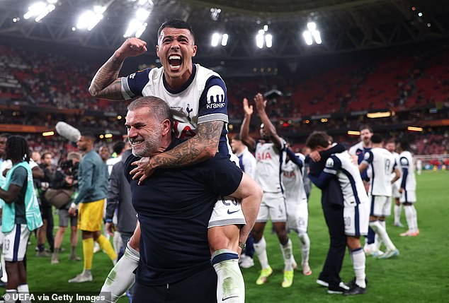 Pedro Porro, pictured riding on the back of Postecoglou, wrote an emotional message onloine