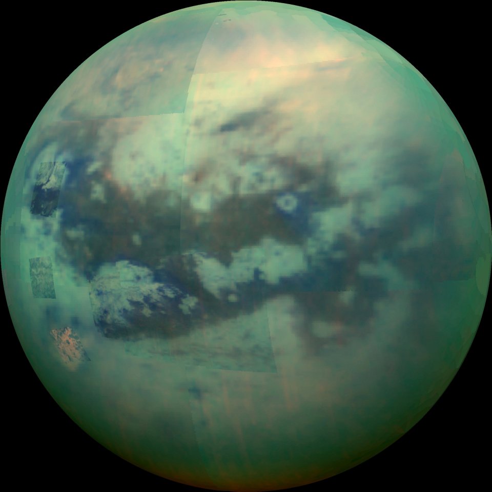 Infrared view of Saturn's moon Titan from NASA's Cassini spacecraft.