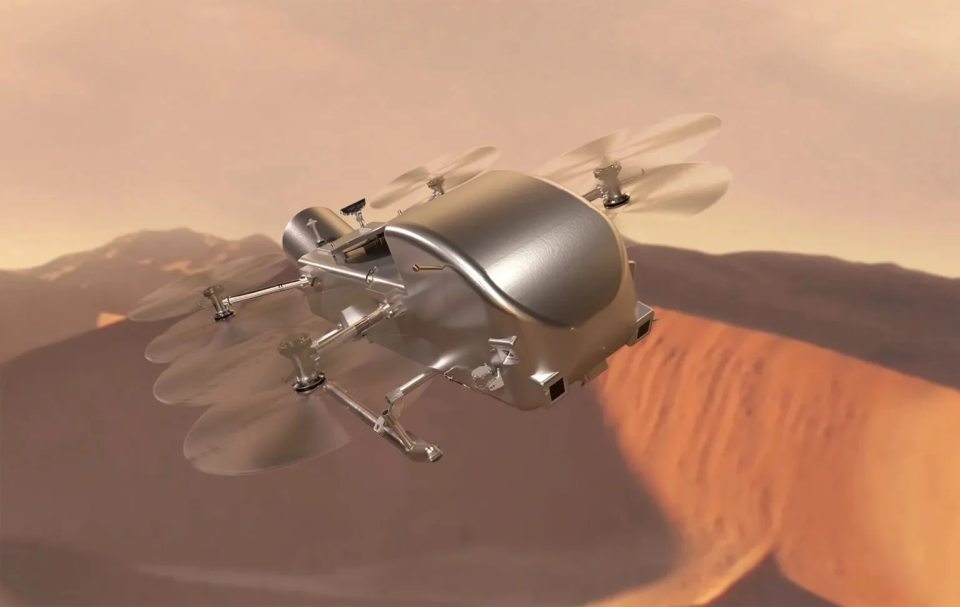 Illustration of Dragonfly drone flying over Titan's surface.