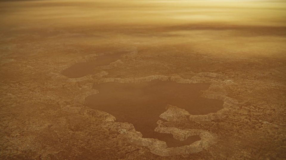 Illustration of a lake on Titan, Saturn's moon.